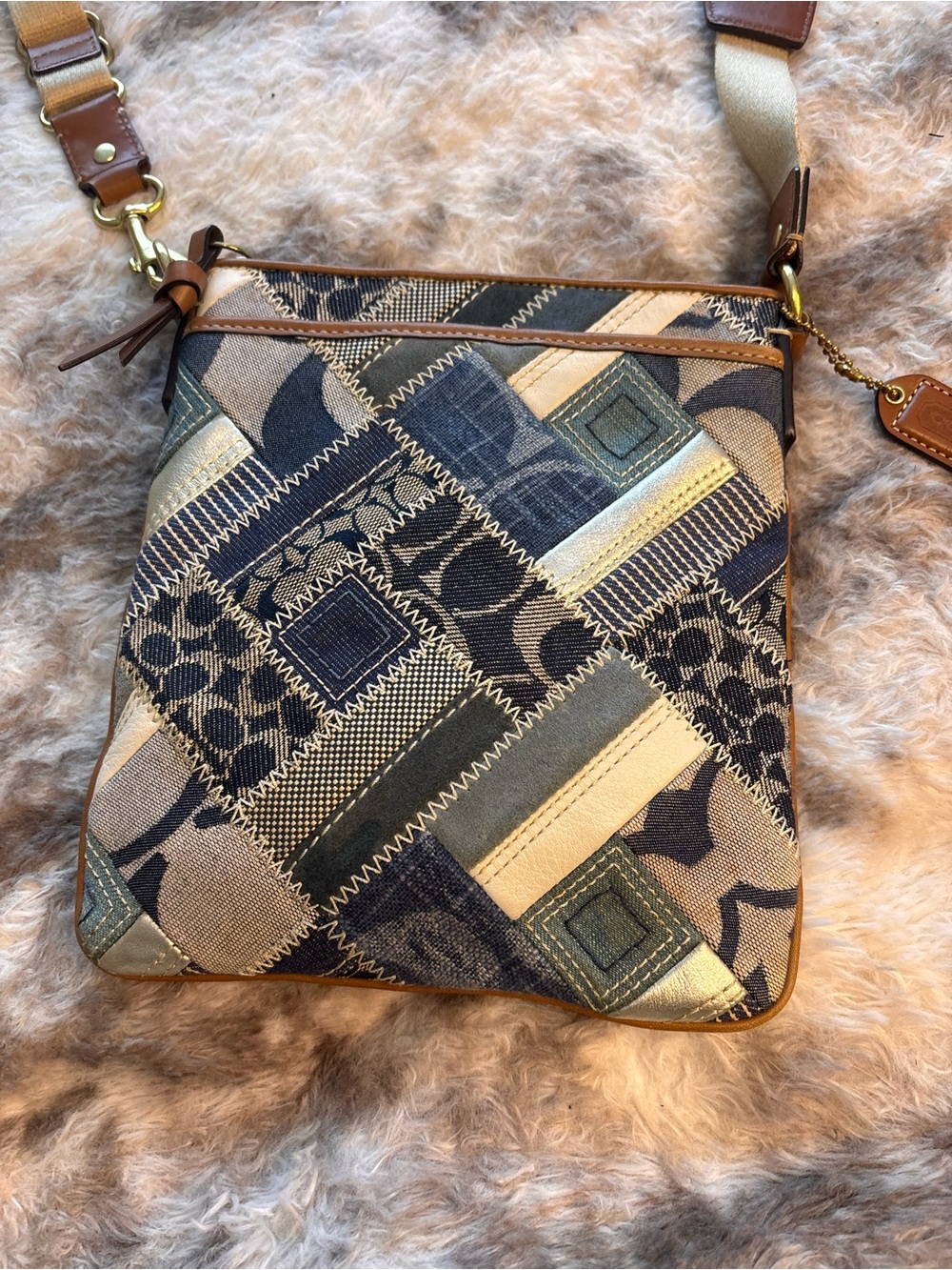 Coach Patchwork Crossbody Bag - Navy, Tan & silver
